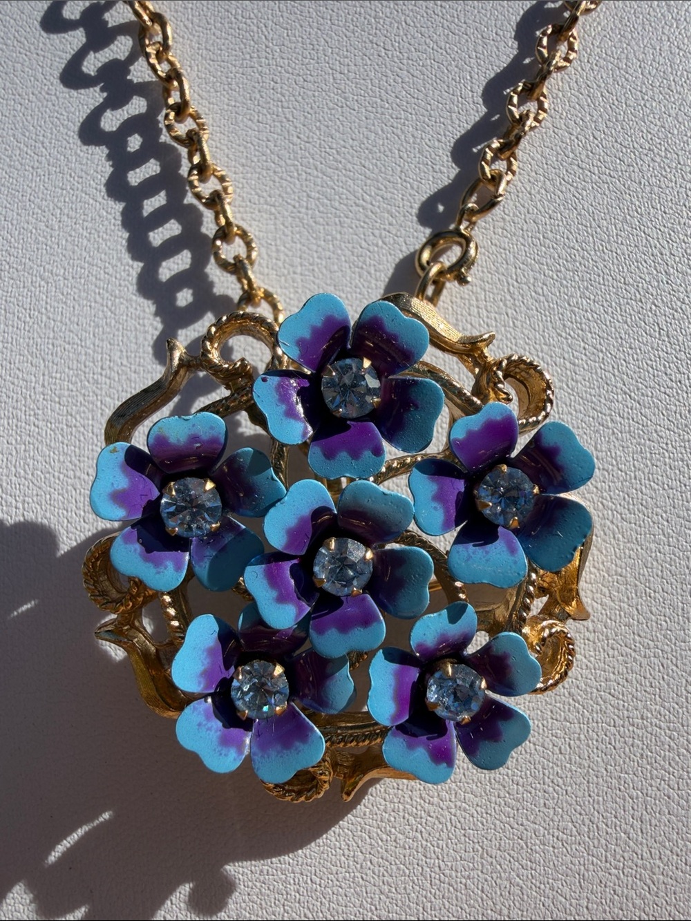 Vintage Avon Enamel Violet Flower Convertible Brooch Pendant Necklace 1970s